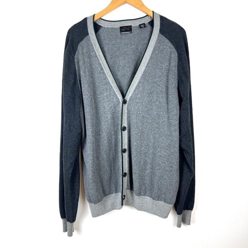 Men’s Greg Norman Gray Cardigan Sz L Merino Wool Cotton Colorblock Preppy‎